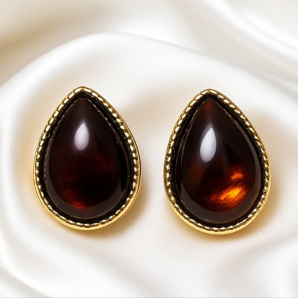 Dainty Gold Teardrop Stud Earrings with Amber Glossy Stone - Women's Jewelry